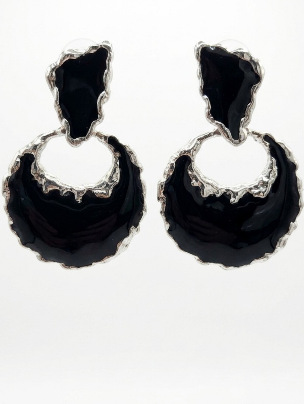 Vtg 80's Bold Black Enamel Silver-Tone Statement Drop Earrings